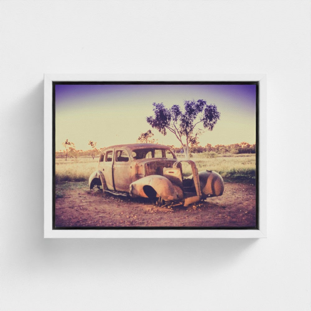 Floating Framed Canvas - Rusted Car in the Outback